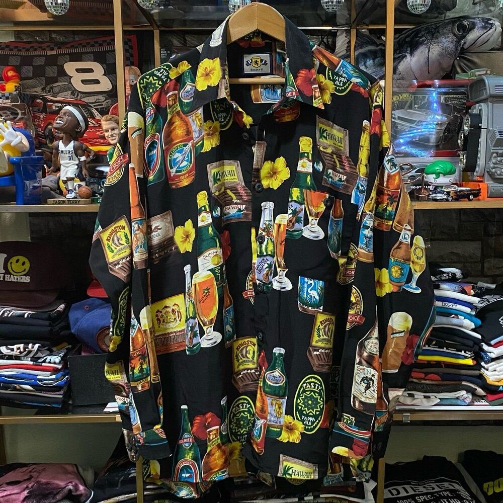 Vintage Y2K PJ Mark Hawaii Beer Bottle Cigar Shirt All Over Print Black Medium
